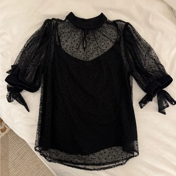 Anthropologie Black Sheer Polka Dot Blouse - Picture 3 of 7